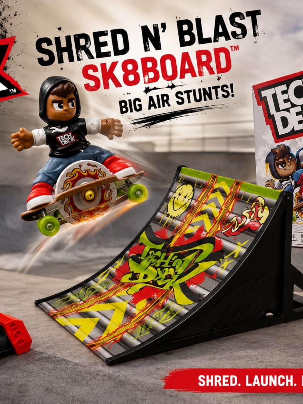 Shred N' Blast SK8Board Playset with Black Hoodie Figure and Red Accents
